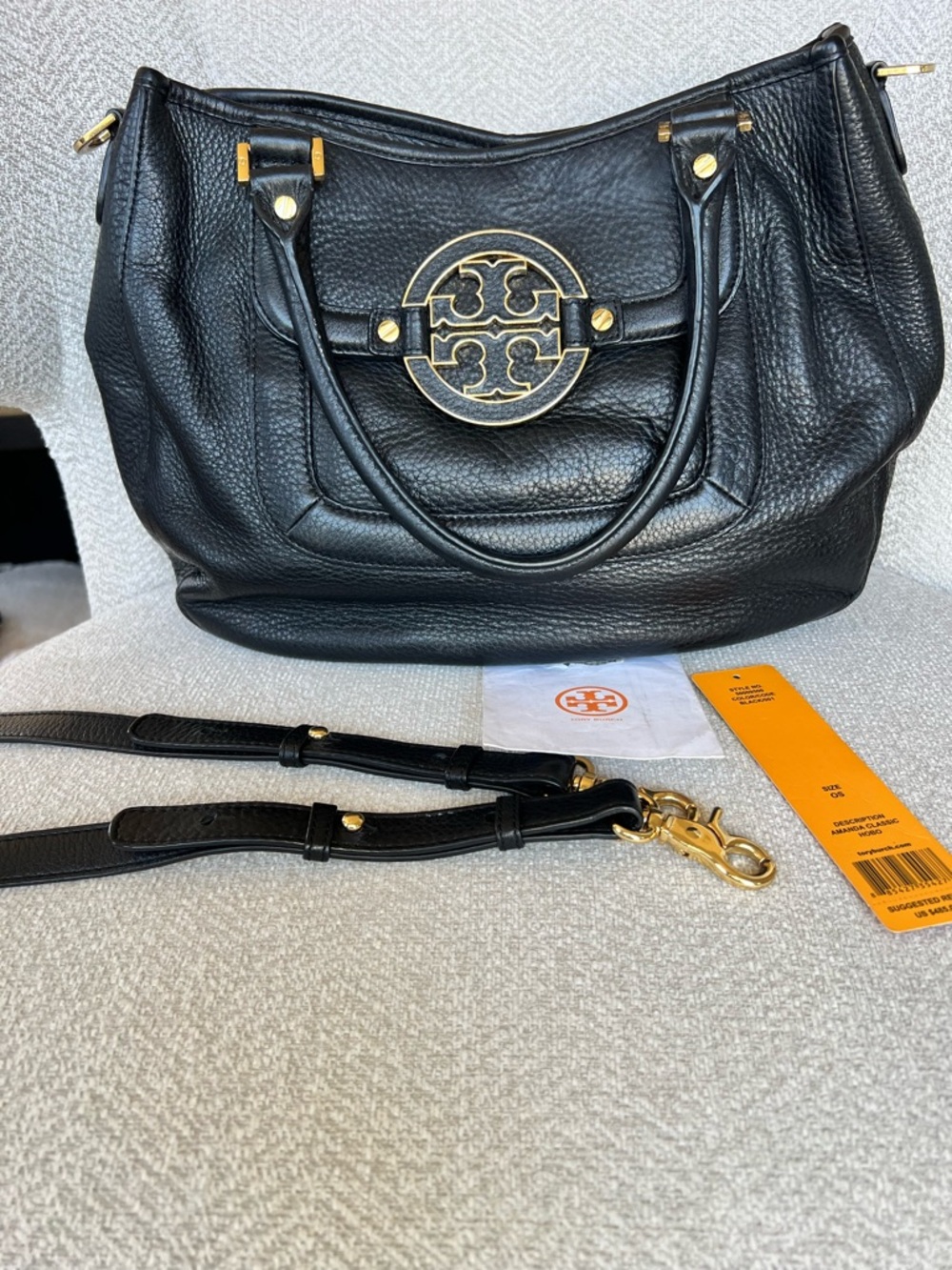 Tory Burch Black Pebbled Leather Tote with Gold Logo